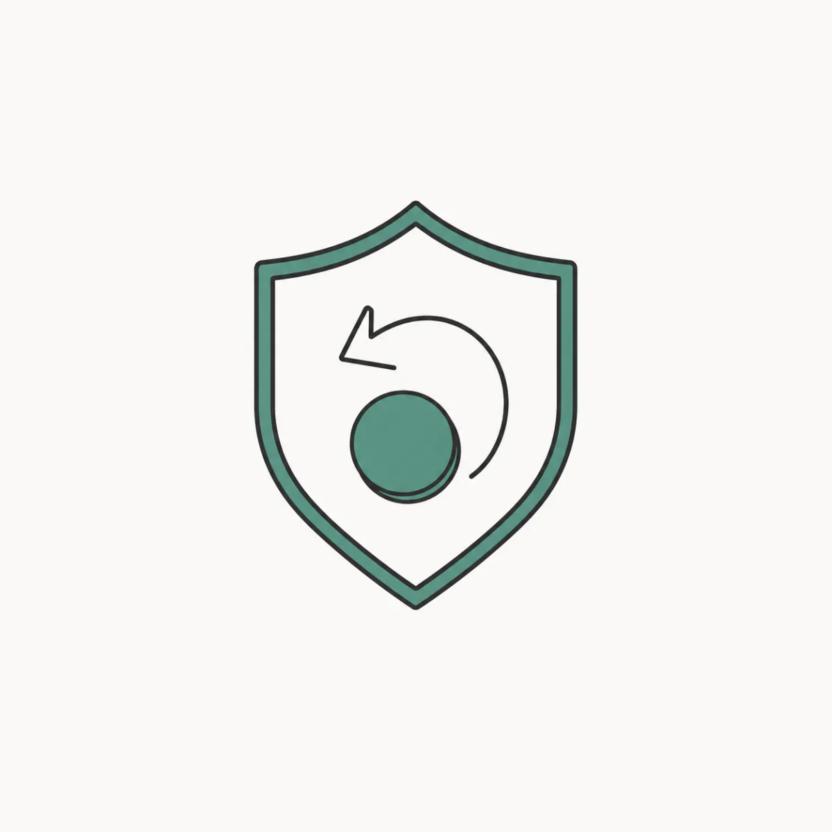A shield with a return arrow and a coin coming back, signifying an automatic refund.
