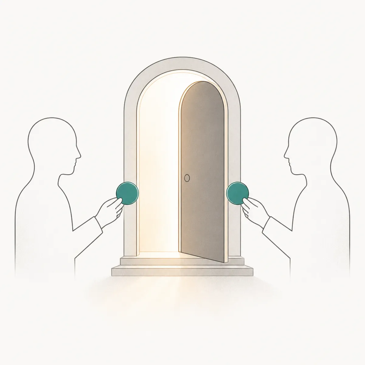 An illustration of the both-must-pay idea: two people each placing a single coin at a shared doorway, which opens only because both have contributed.
