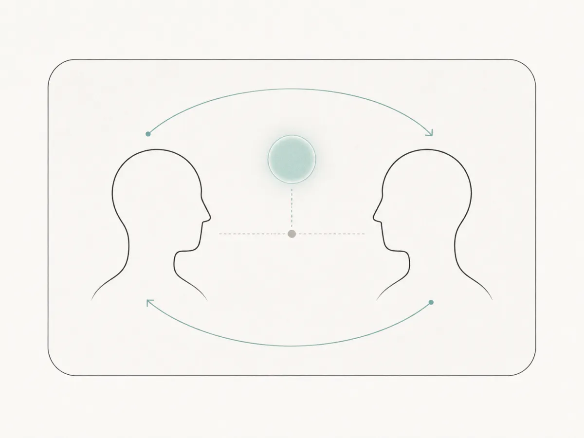 A diagram of joint mediation: both people facing each other in one shared room, taking turns, with the AI mediator drawn faintly between them to show it stays quiet and speaks only when useful.