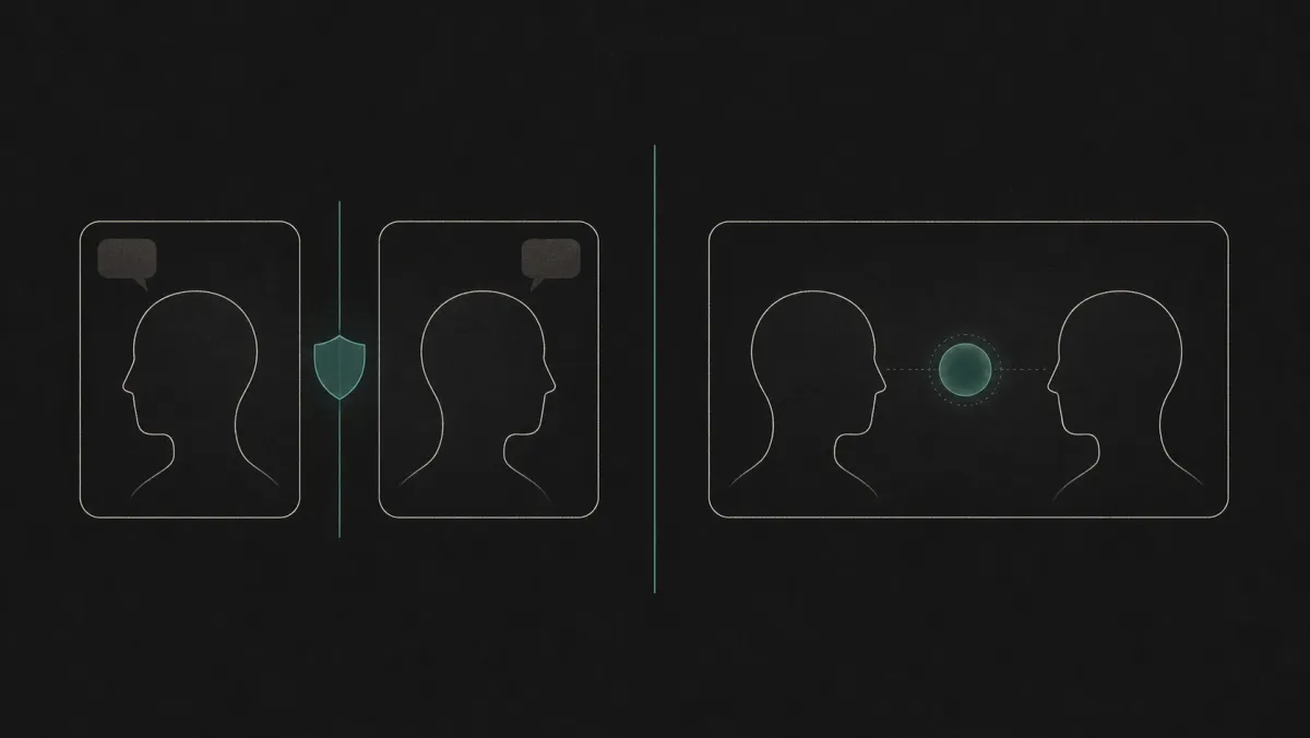 An illustration contrasting the two methods: on the left, shuttle mediation shows two people in separate private rooms divided by a protective barrier; on the right, joint mediation shows the same two people facing each other in one shared room with the AI mediator quietly between them.