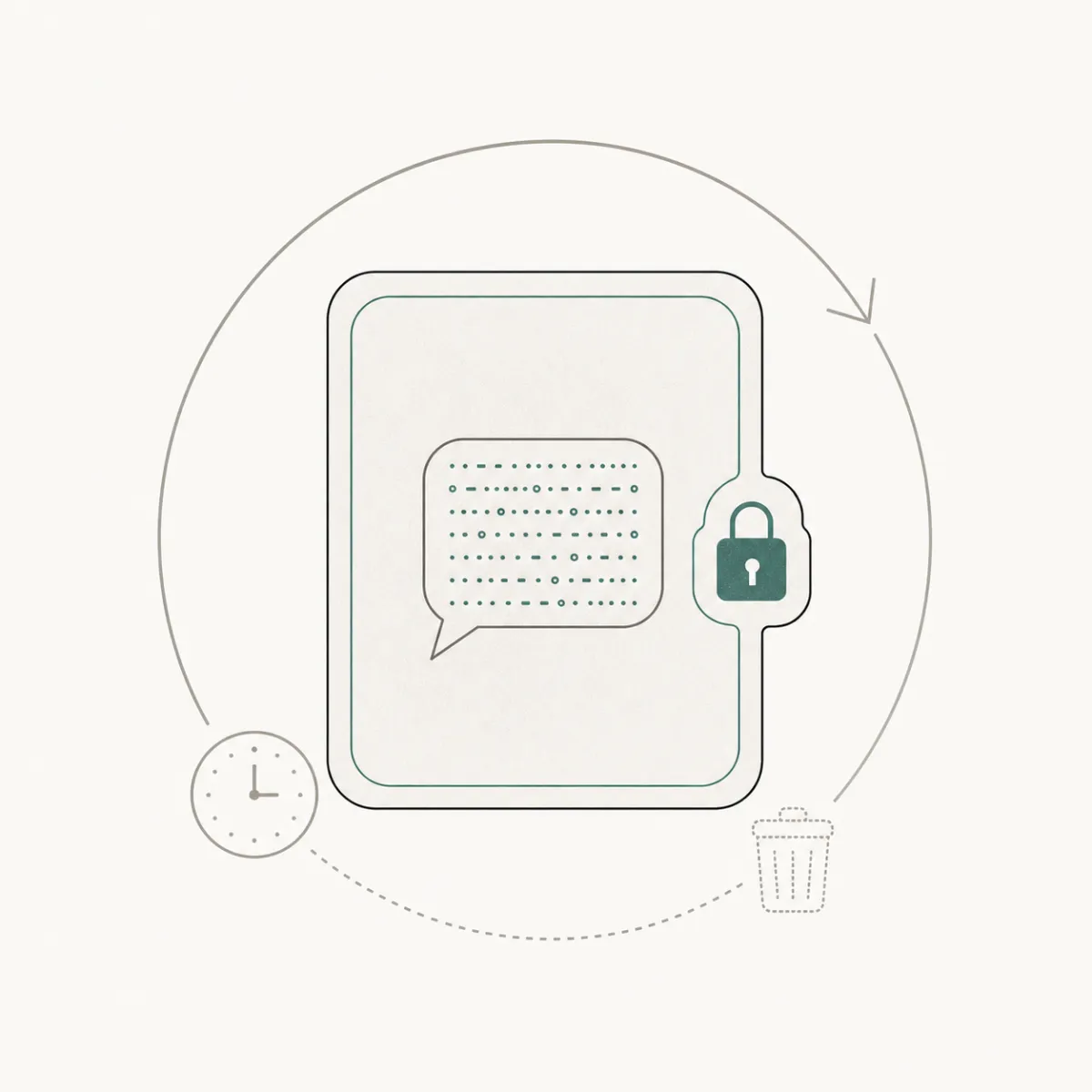 A privacy illustration: an encrypted message locked inside a shielded vault, with a gentle 30-day auto-delete timer beside it.